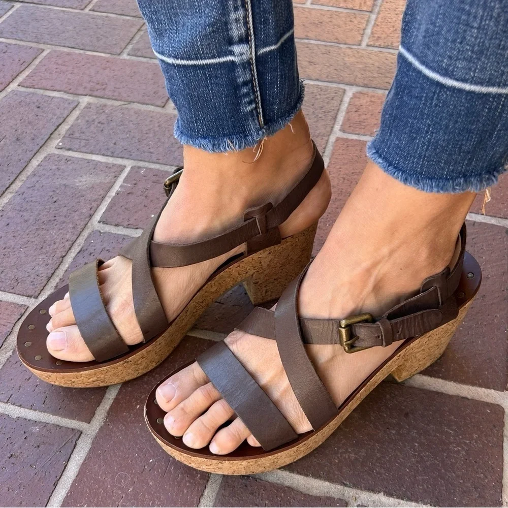 ASH Brown Leather Cork Block Heel Platform Sandals Strappy Open Toe 41 10.5-11